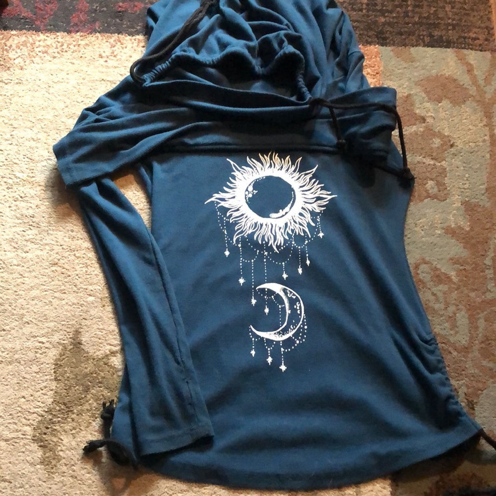 Boho witchy slouchy cowl long sleeved shirt with moon and sun